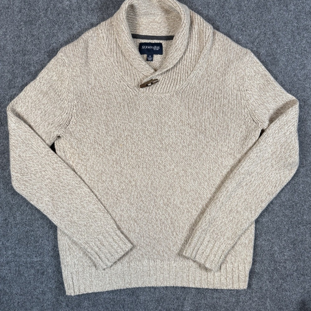 🧶 St Johns Bay Mens M Shawl Collar Toggle Button Sweater Oatmeal Wool Blend